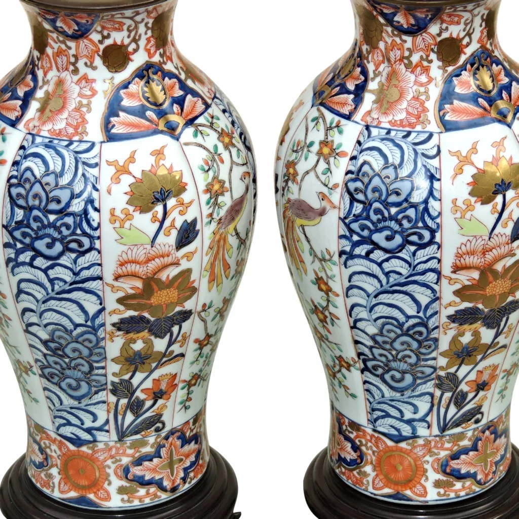 Pair Large Vintage Imari Vase Form Lamps by Wildwood with Birds and Florals - View 3