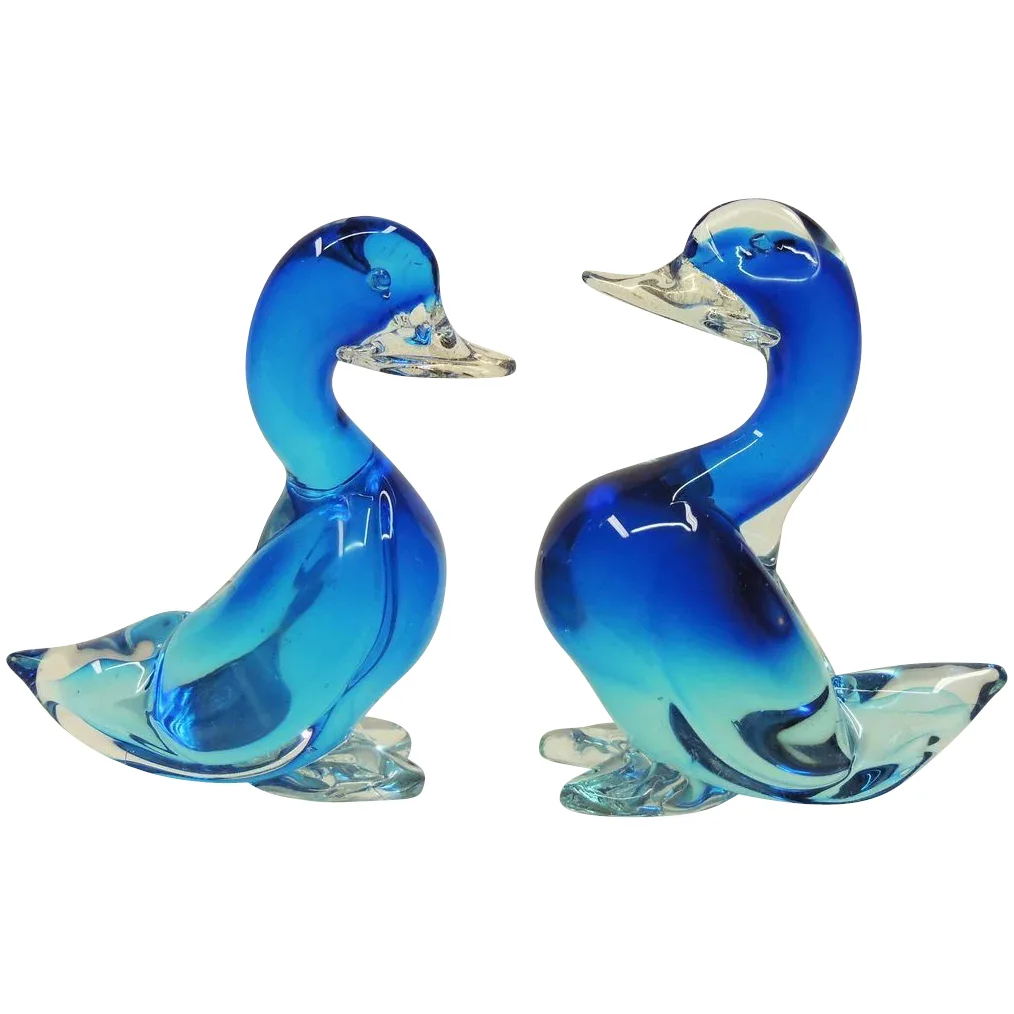 Pair Large Blue Seguso Murano Glass Ducks