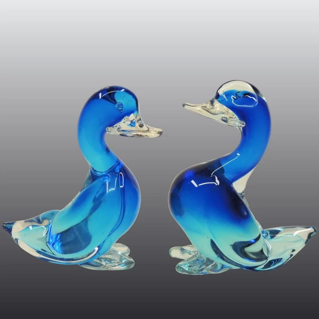 Pair Large Blue Seguso Murano Glass Ducks - View 2
