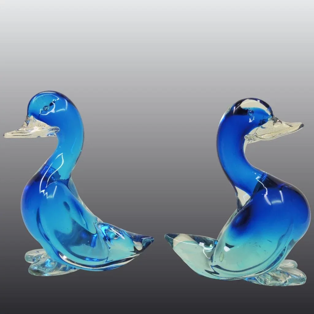 Pair Large Blue Seguso Murano Glass Ducks - View 3