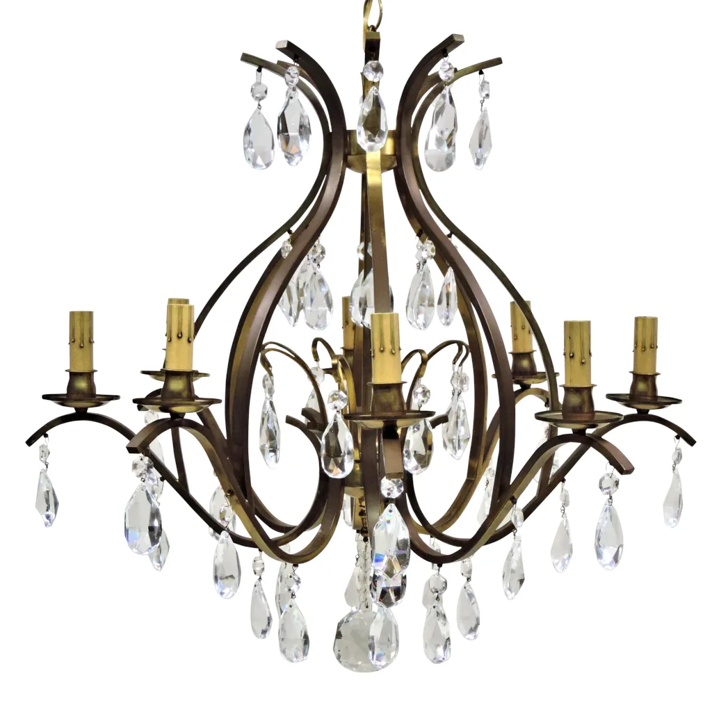 Vintage 8-Light W.German Chandelier - Brass and Crystal - View 2