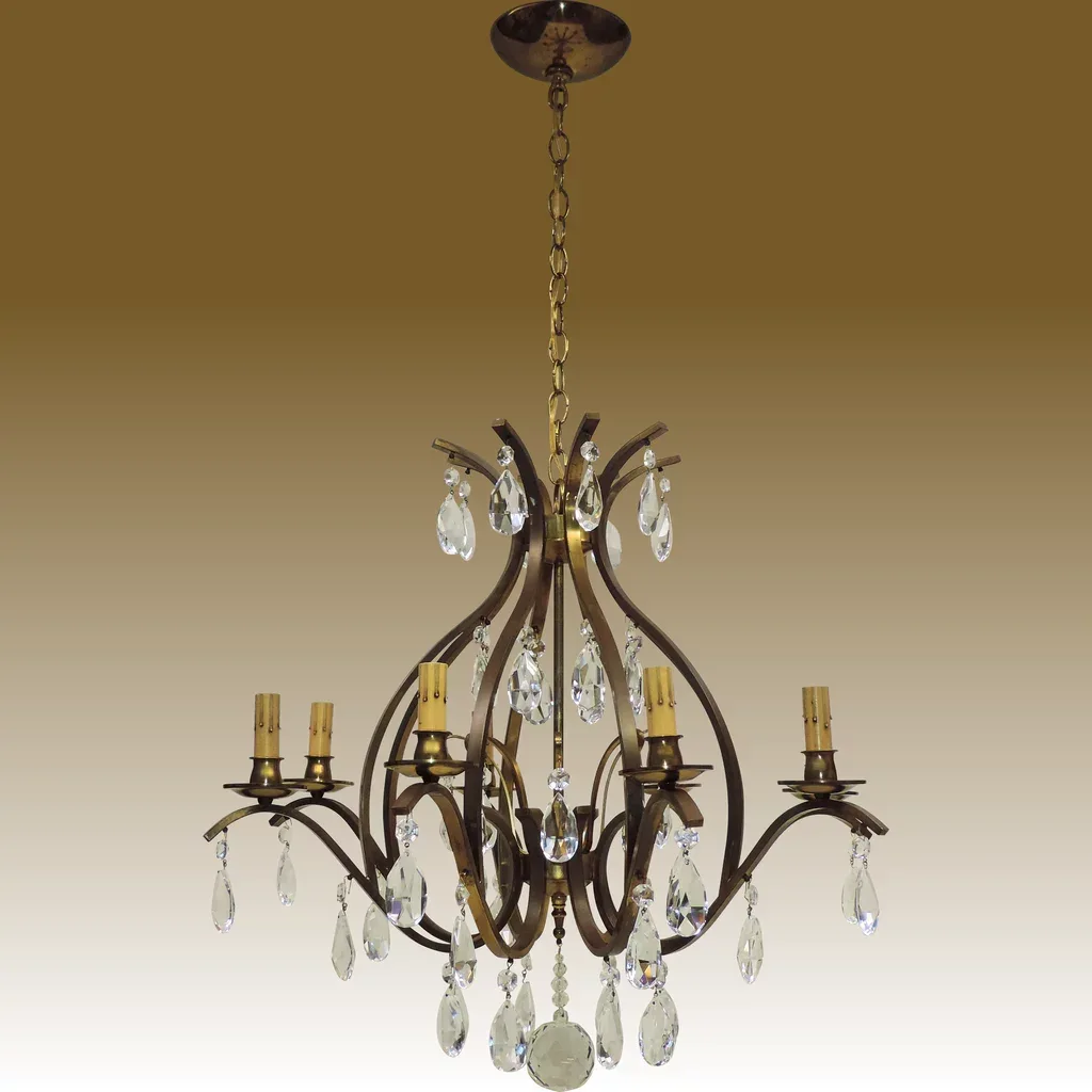 Vintage 8-Light W.German Chandelier - Brass and Crystal - View 9