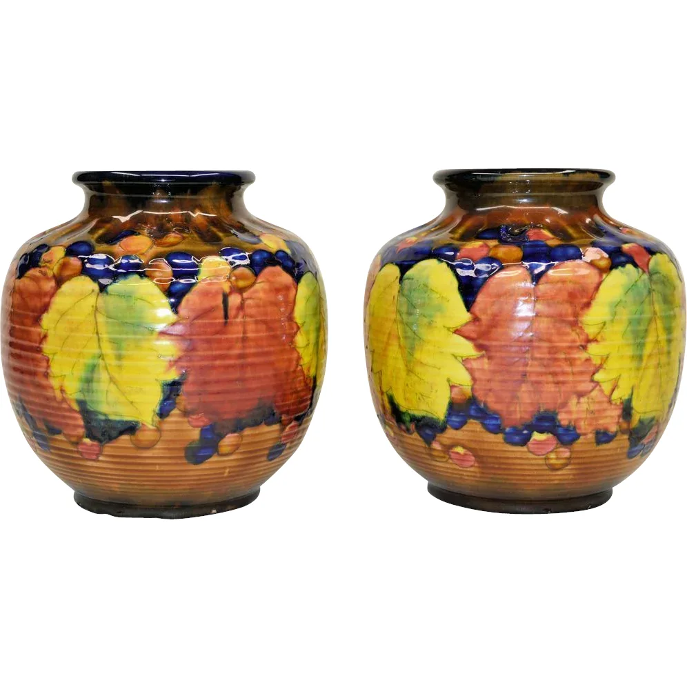 Pair Colorful Vintage Awaji Pottery Vases