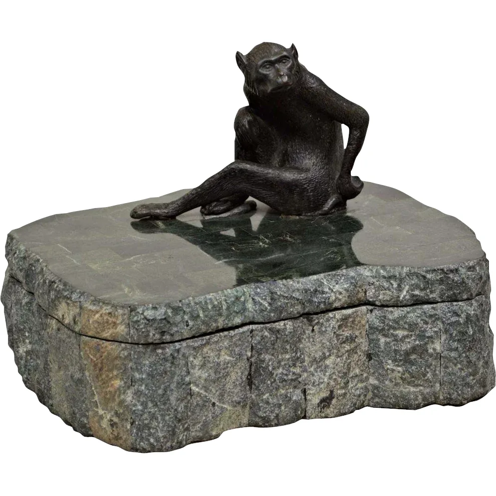 Vintage Maitland Smith Marble Box - Bronze Monkey