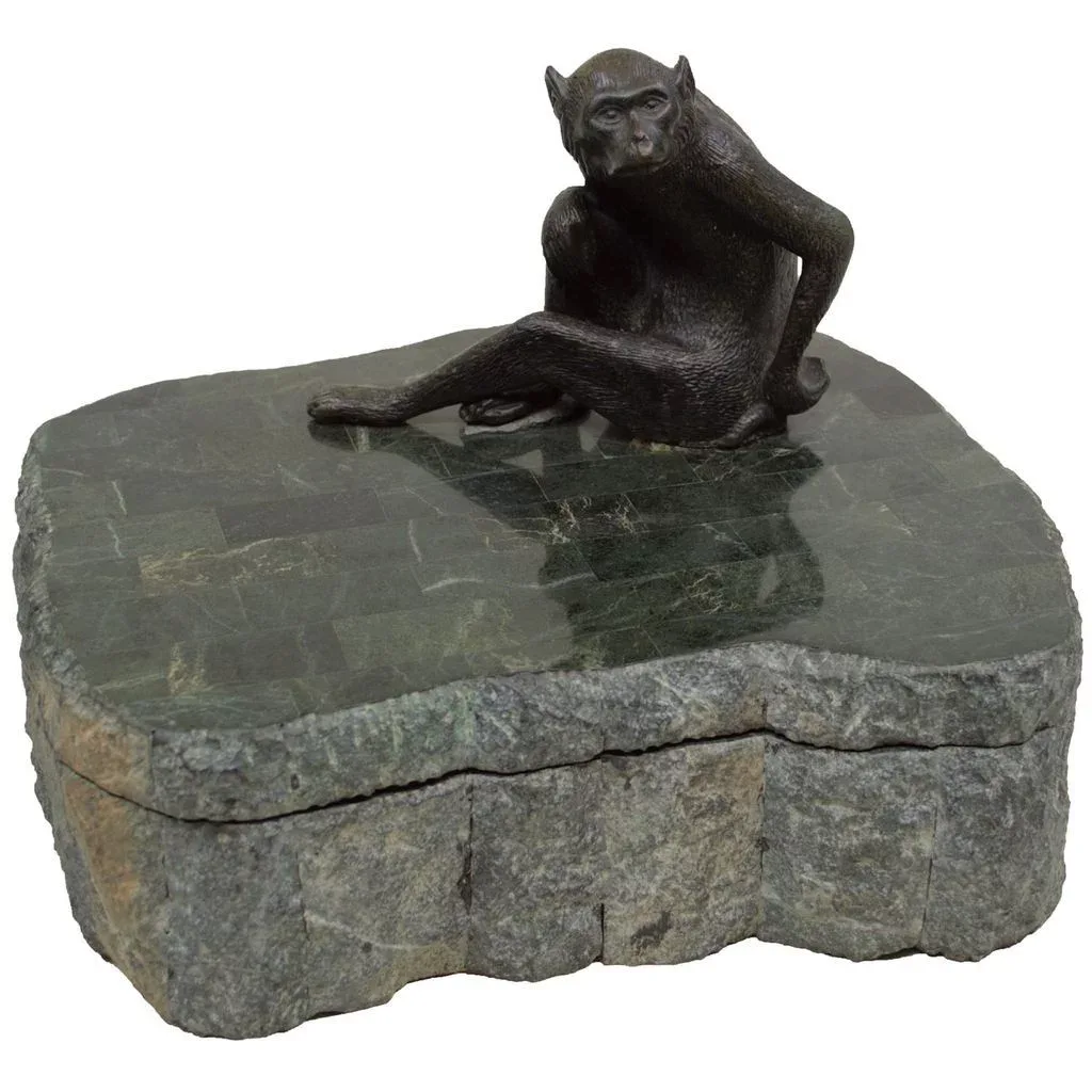 Vintage Maitland Smith Marble Box - Bronze Monkey - View 2
