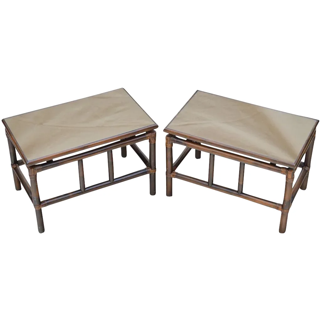 Pair Mid-Century Rattan Tables - Smokey Bronze Mirror Tops