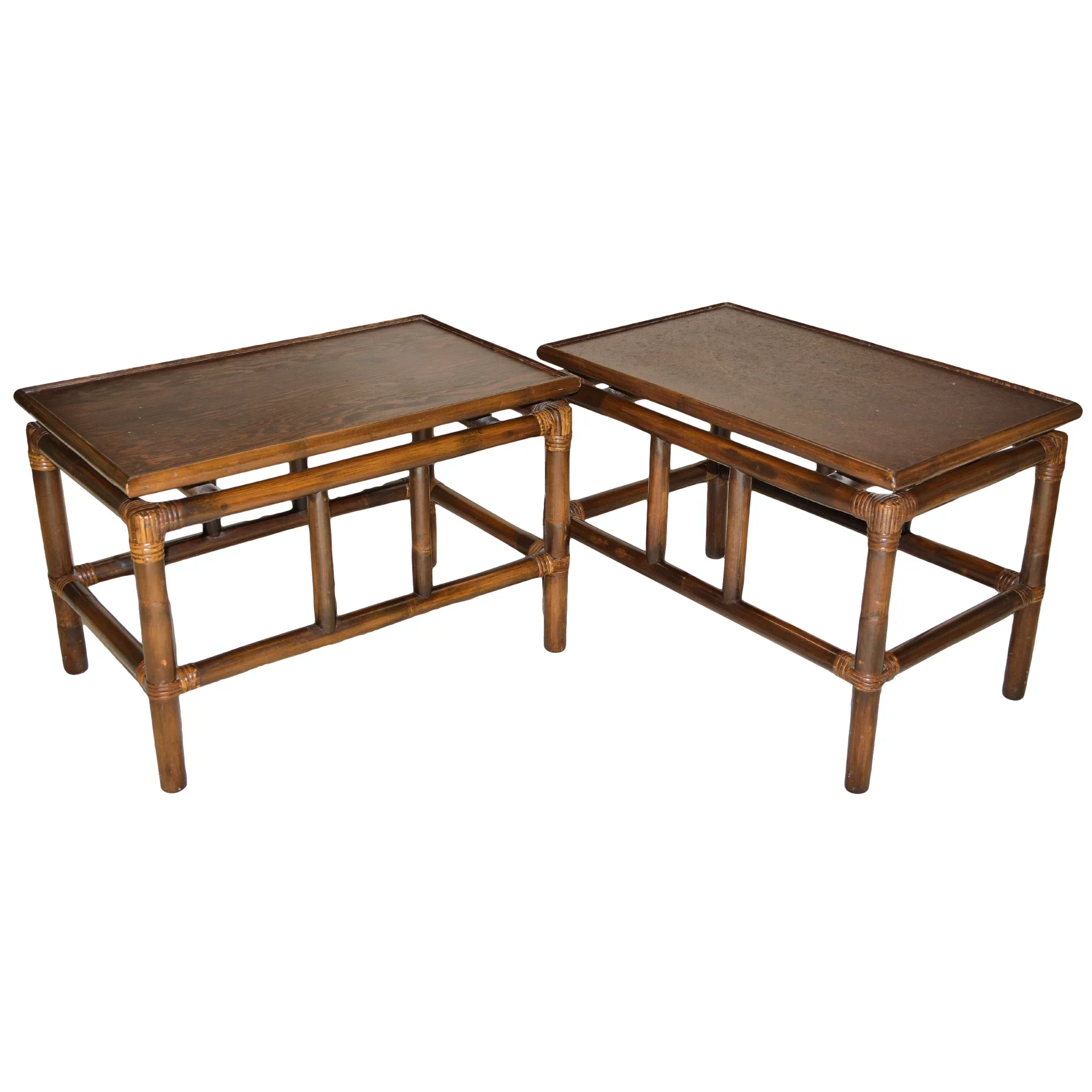 Pair Mid-Century Rattan Tables - Smokey Bronze Mirror Tops - View 2