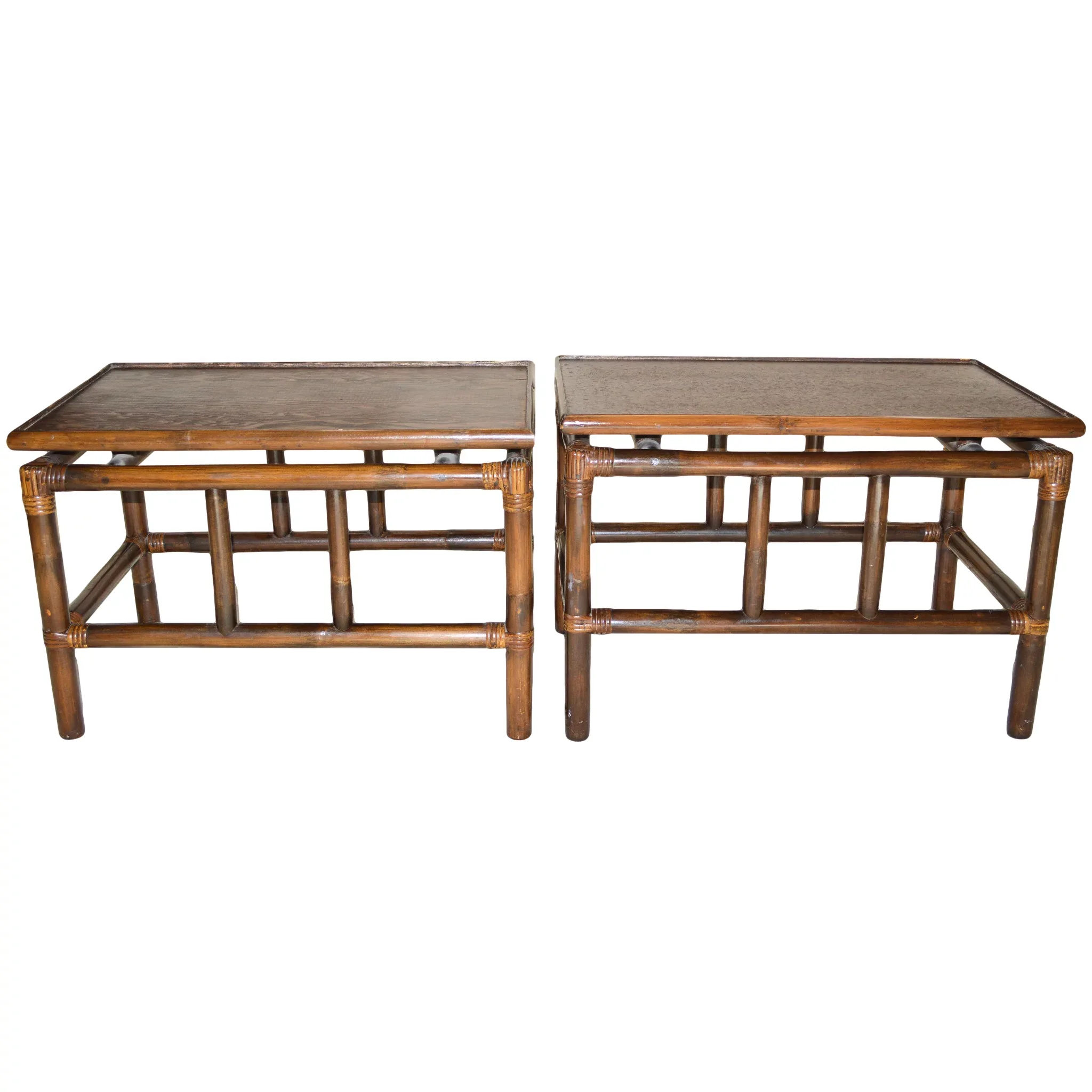 Pair Mid-Century Rattan Tables - Smokey Bronze Mirror Tops - View 3
