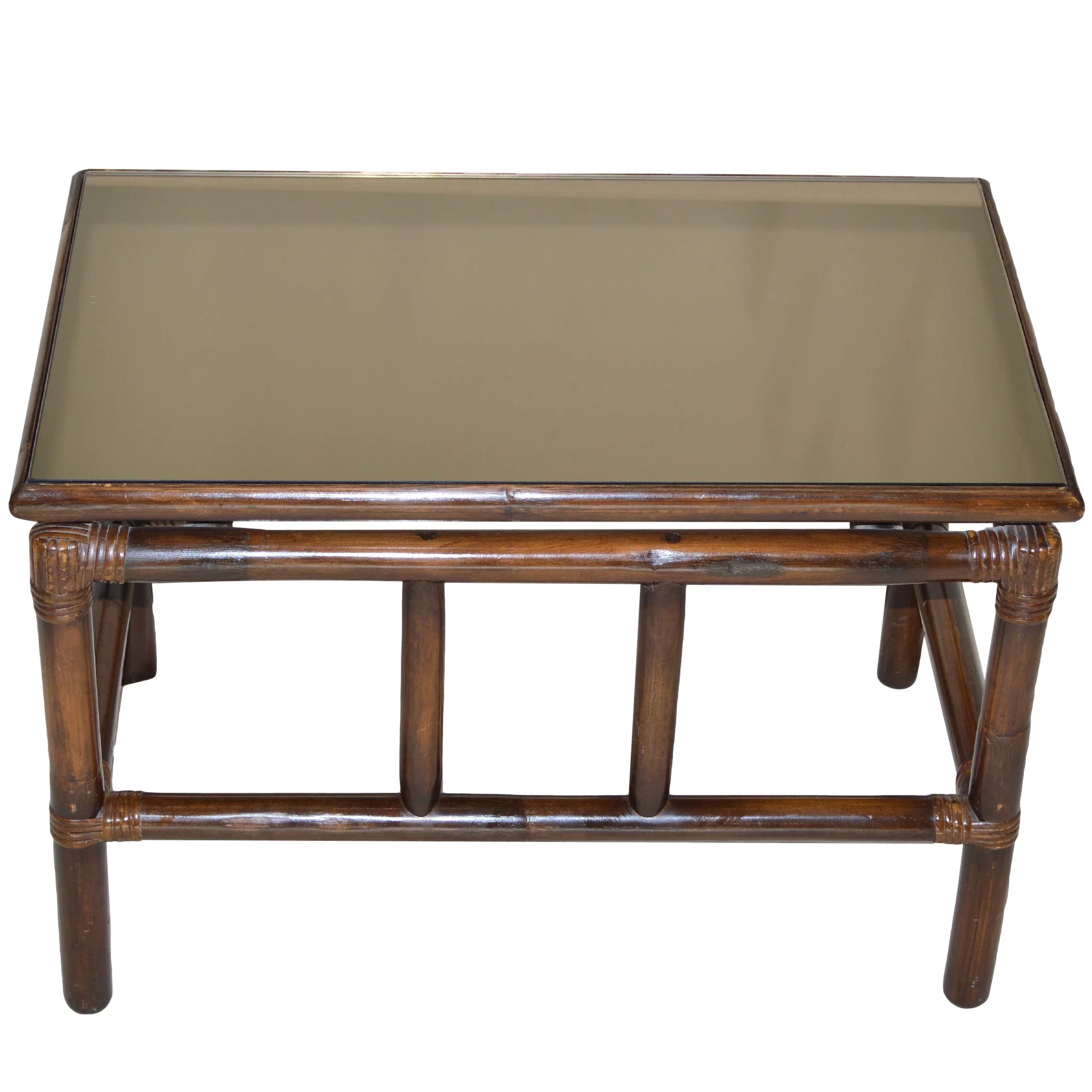 Pair Mid-Century Rattan Tables - Smokey Bronze Mirror Tops - View 5