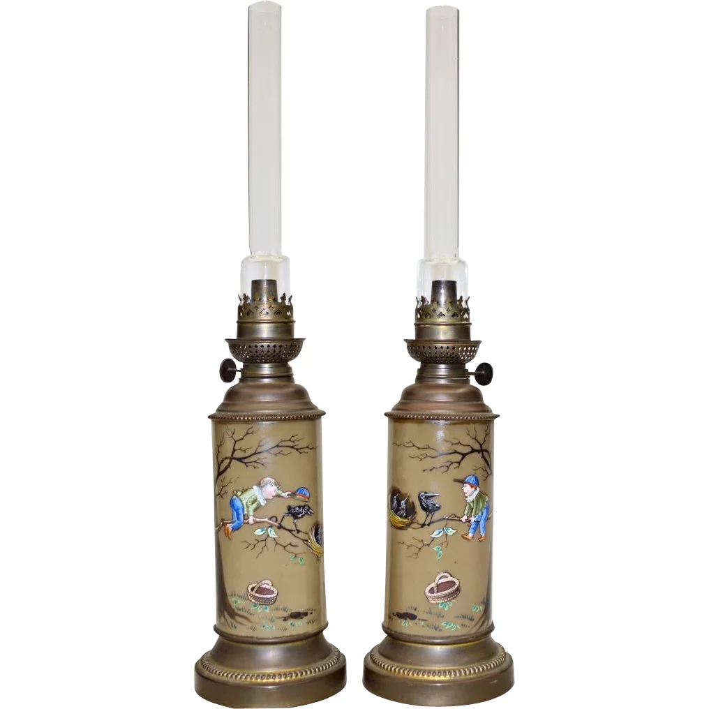 Antique Oil Lamps Enameled Glass - Boy and Crows