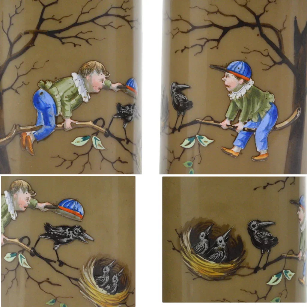 Antique Oil Lamps Enameled Glass - Boy and Crows - View 2