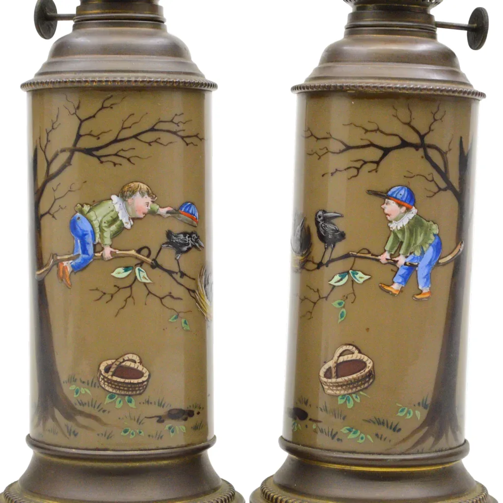 Antique Oil Lamps Enameled Glass - Boy and Crows - View 3