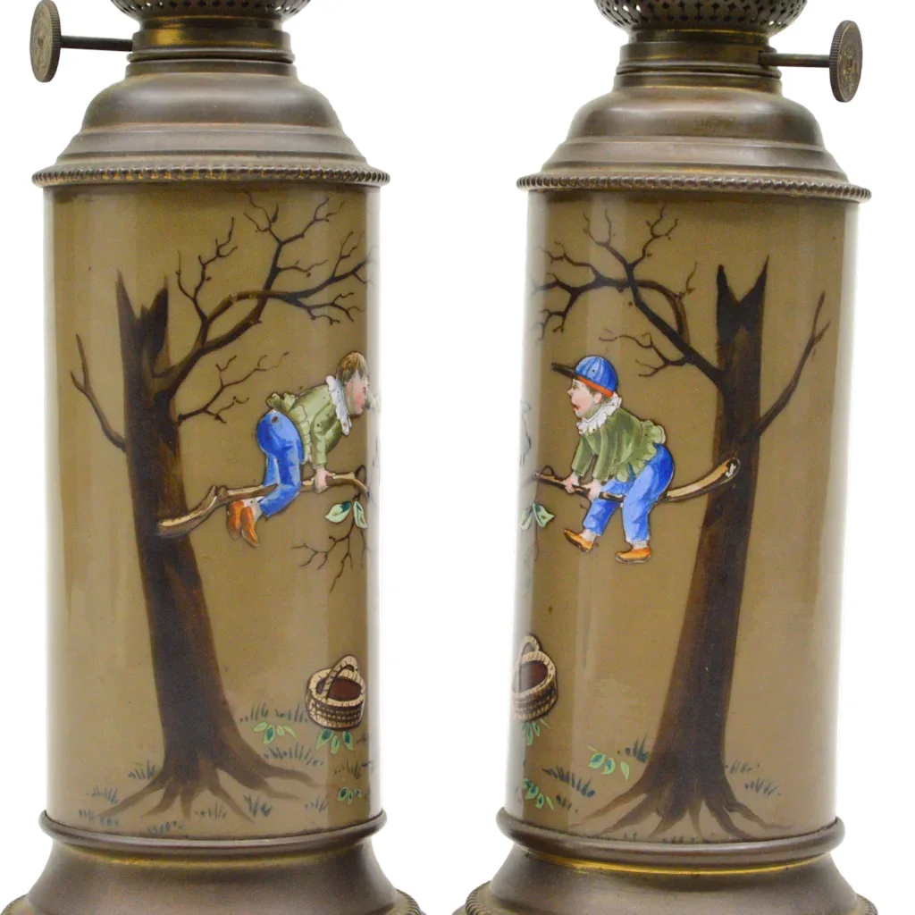 Antique Oil Lamps Enameled Glass - Boy and Crows - View 4