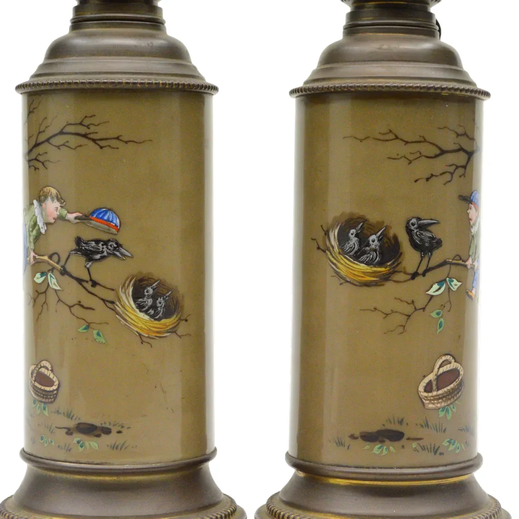 Antique Oil Lamps Enameled Glass - Boy and Crows - View 5