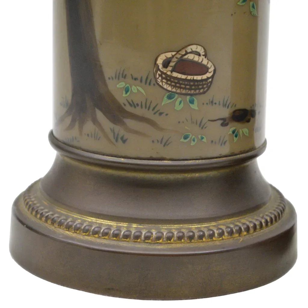 Antique Oil Lamps Enameled Glass - Boy and Crows - View 6