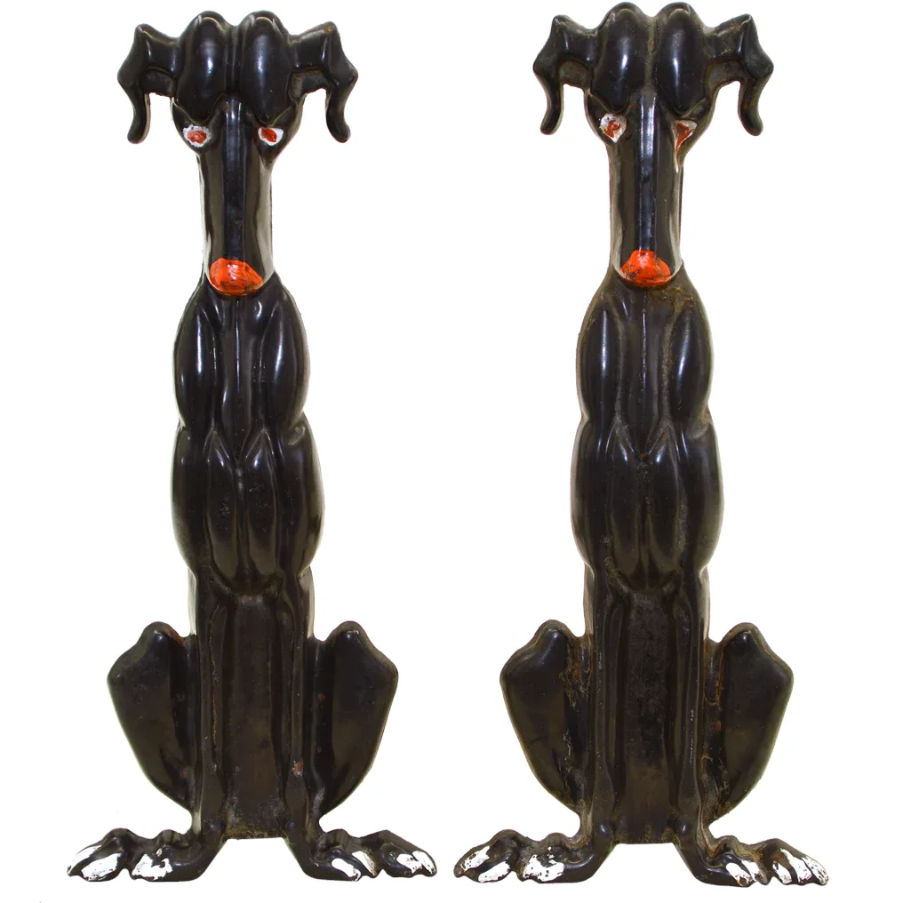 Whimsical Art Deco Dog Andirons - Vintage Cast Iron - Tennessee Chrome Plate Company