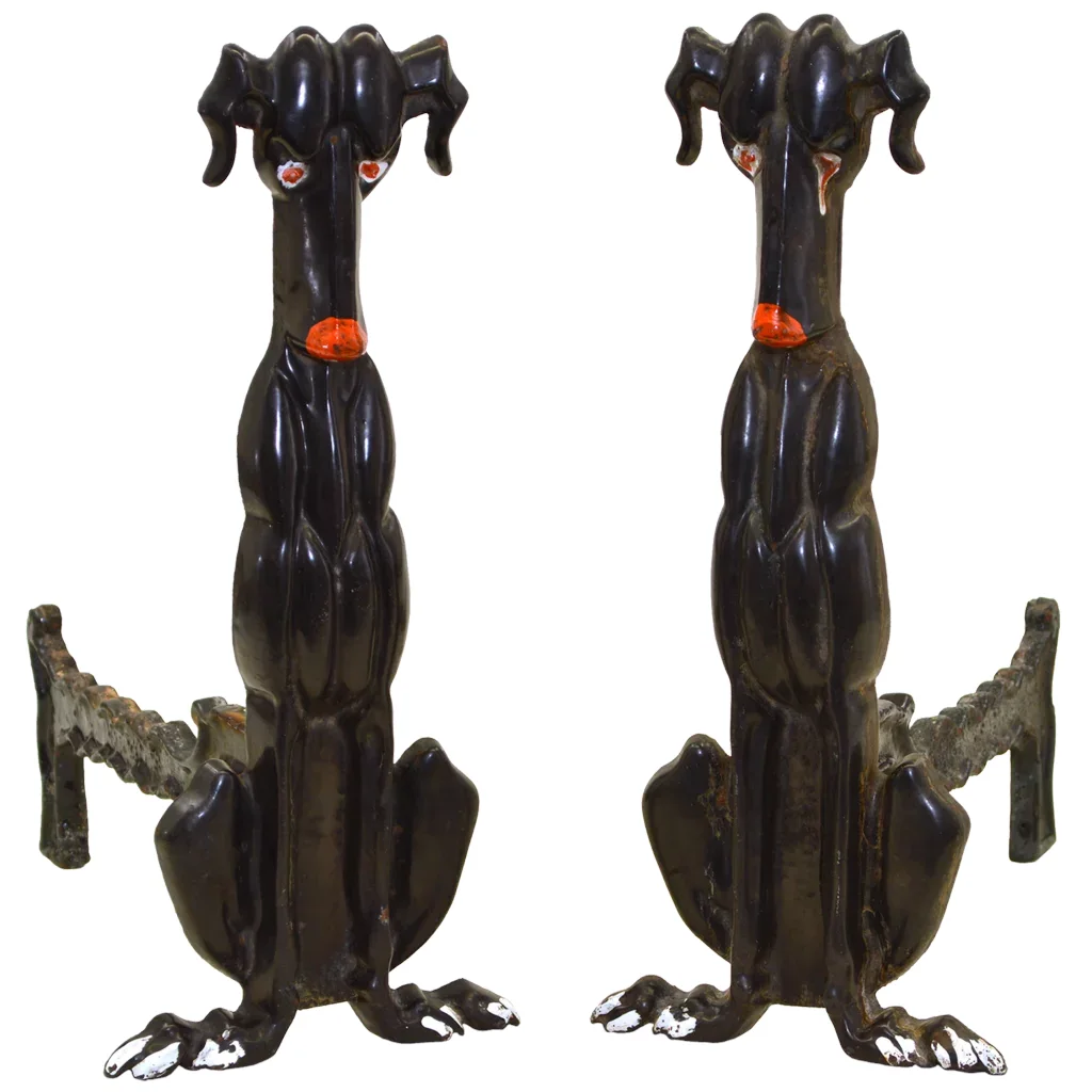 Whimsical Art Deco Dog Andirons - Vintage Cast Iron - Tennessee Chrome Plate Company - View 2