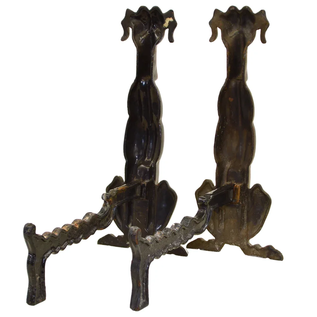 Whimsical Art Deco Dog Andirons - Vintage Cast Iron - Tennessee Chrome Plate Company - View 4