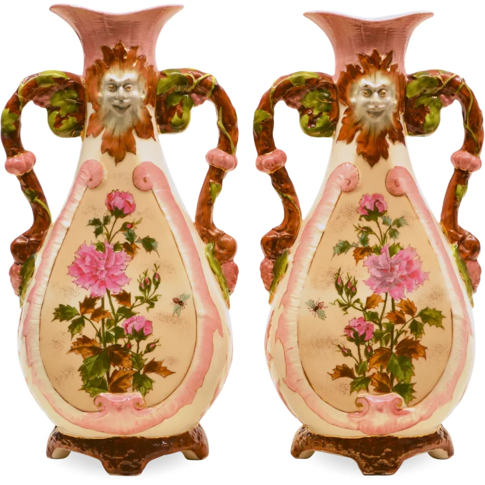 Pair Antique Pottery Vases - North Wind Faces