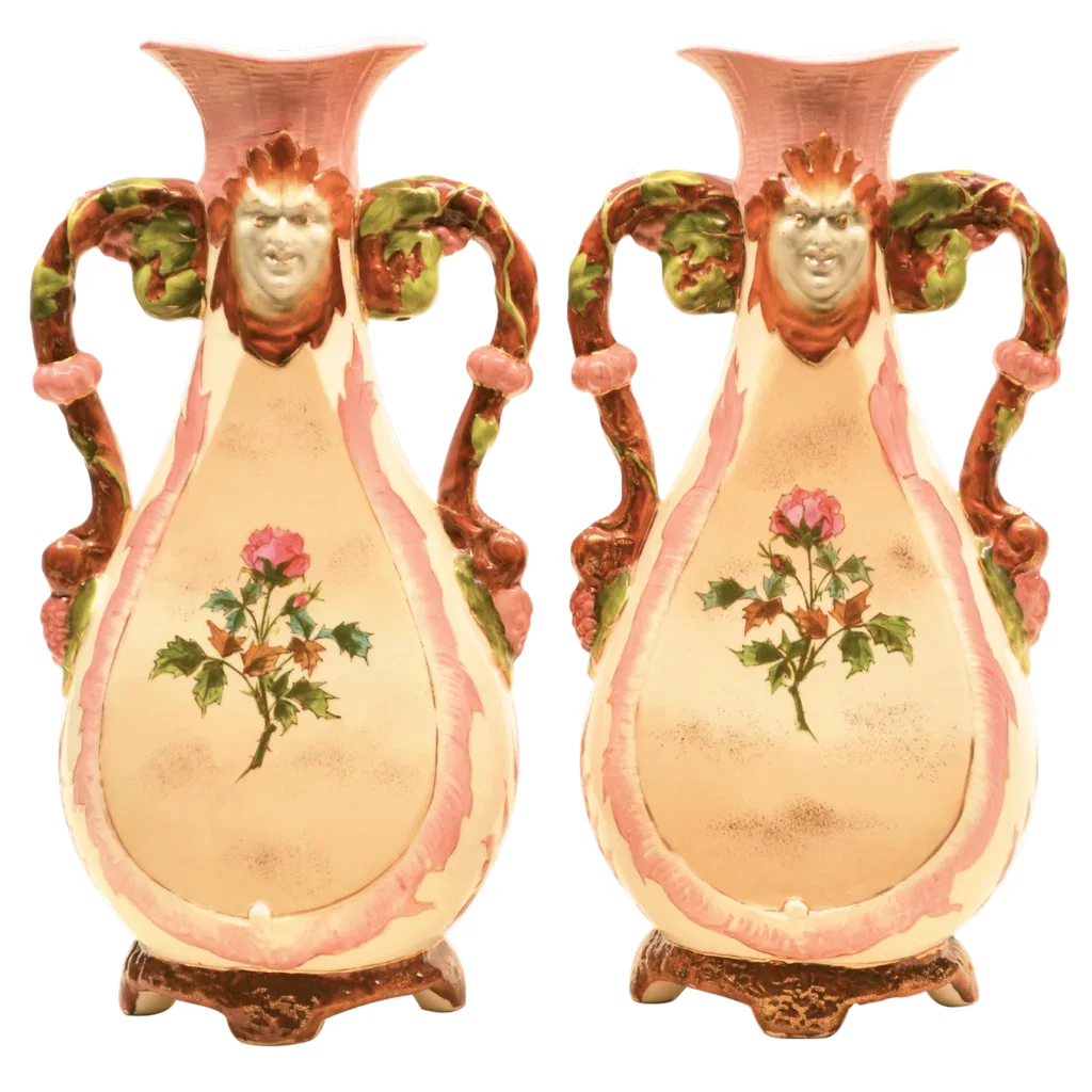 Pair Antique Pottery Vases - North Wind Faces - View 2