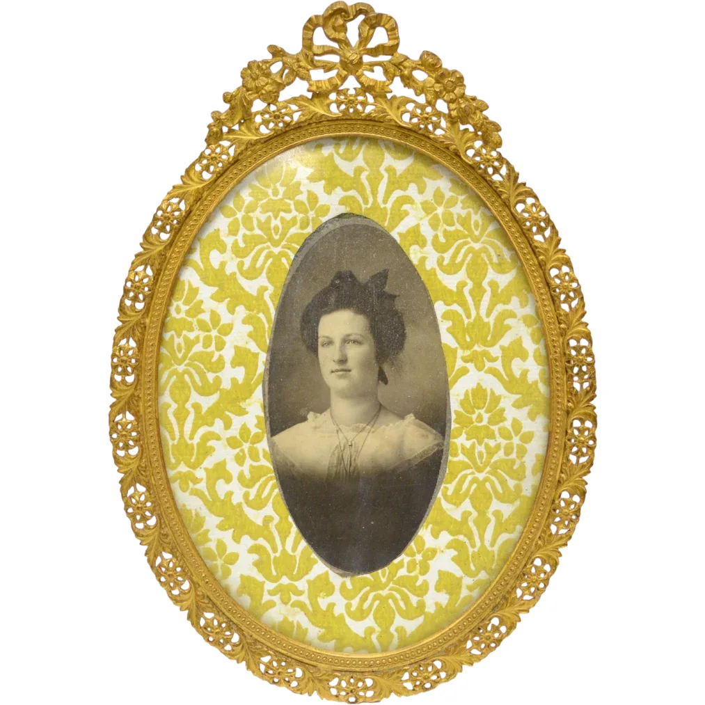 Petite Antique French Picture Frame - Gilt Brass - Flowers & Bow Filigree