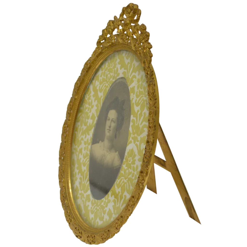 Petite Antique French Picture Frame - Gilt Brass - Flowers & Bow Filigree - View 2