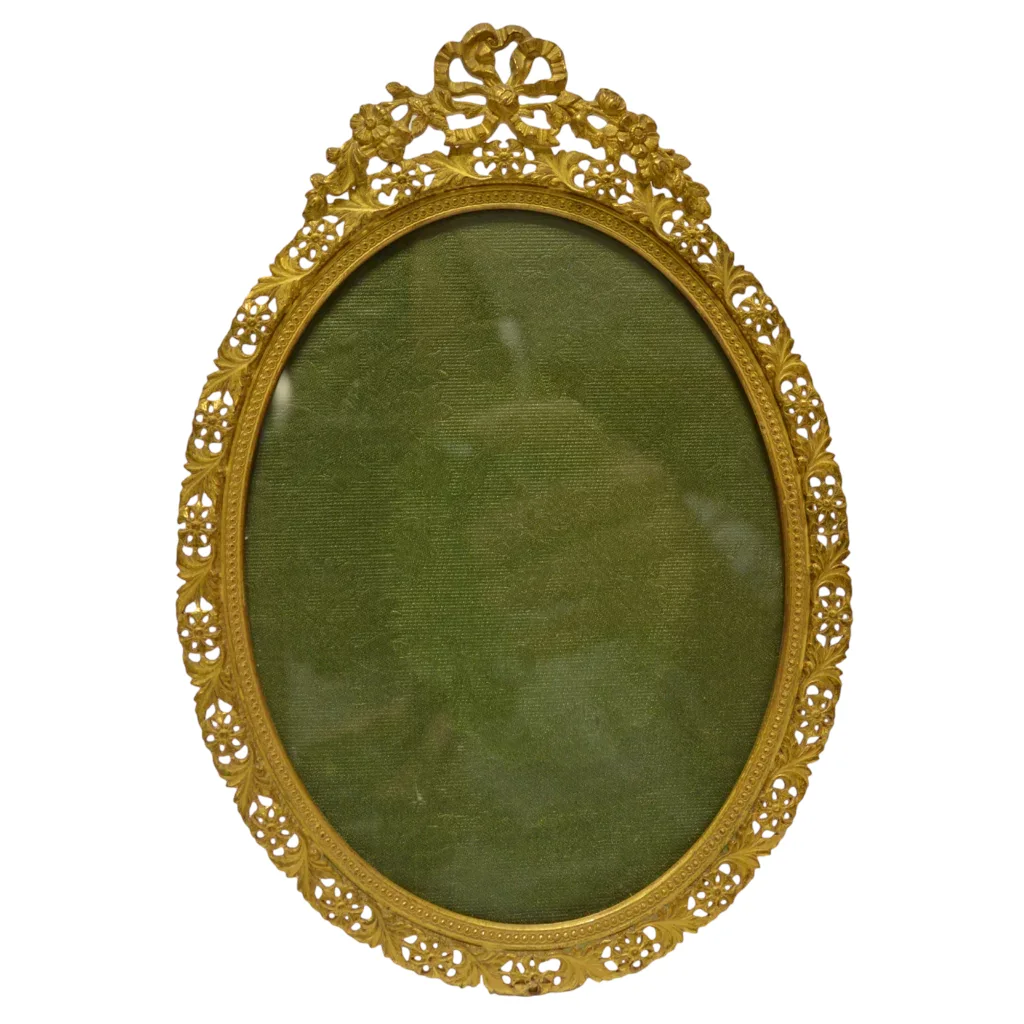 Petite Antique French Picture Frame - Gilt Brass - Flowers & Bow Filigree - View 3