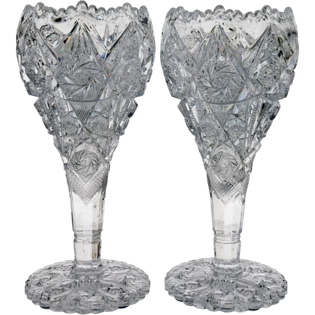 Pair Imperial Thunderbolt Nucut Crystal Vases - Scarce Size