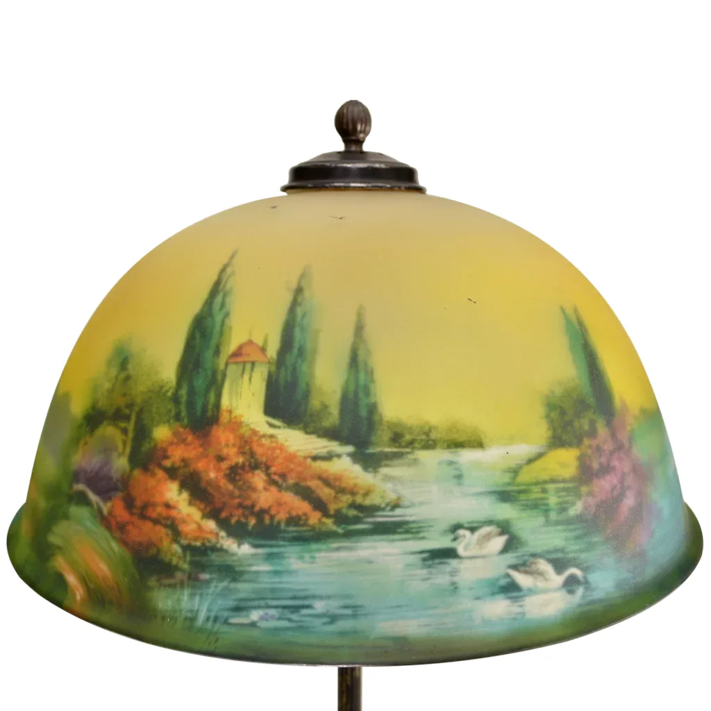 Pittsburgh Reverse Painted Swan, Lake, Stream, Birds, Trees Scenic Lamp - Dolphin Base - 18 inch - View 2
